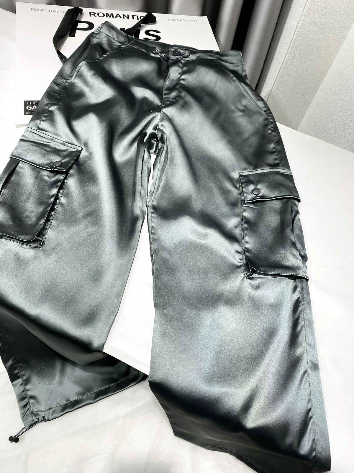 Silk Pink Drawstring Satin Baggy Cargo Pants Women Summer Solid Black Beige Gray Wide Leg Trousers Streetwear Vintage Bottoms 240822