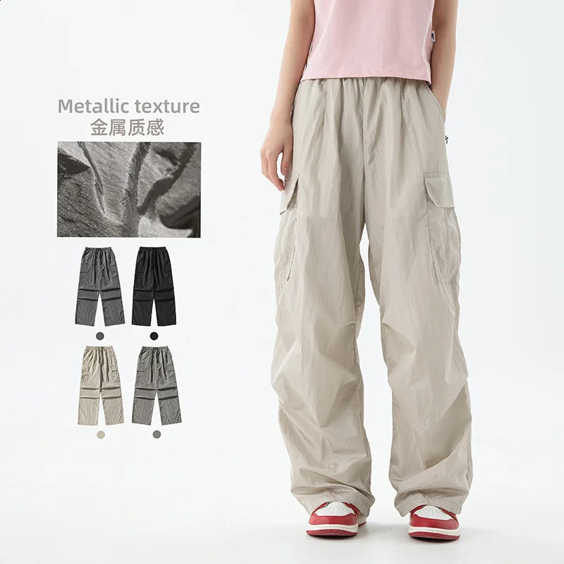 Spring Y2k Womens Pants Nylon Micro Wrinkle Micro Wide Cargo Pants for Women Double Pleated Sports Casual Long in Pants 240821