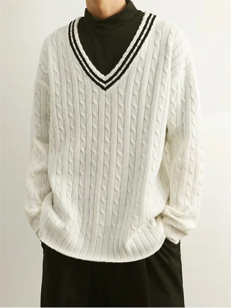 Black icon color contrast Vneck floral mens sweater autumn Korean knitted white 240821
