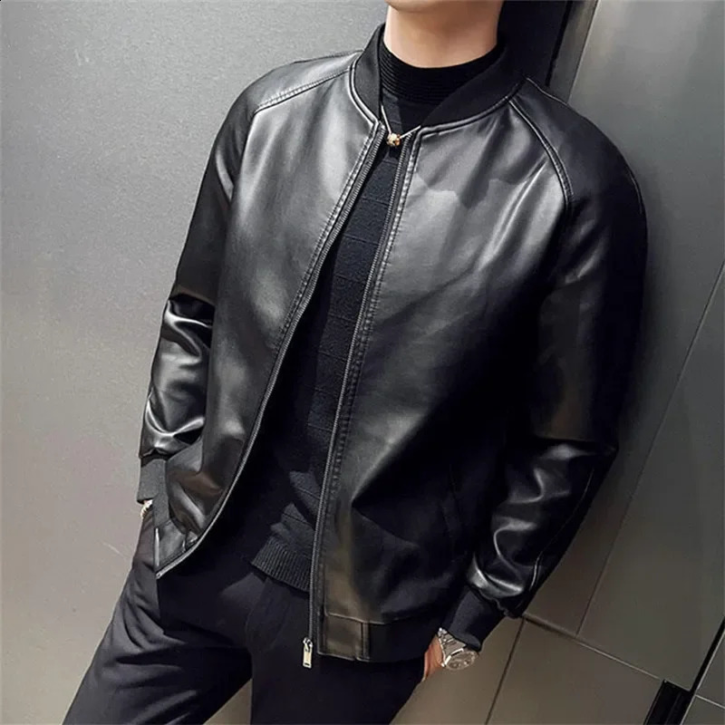Mens PU Leather Jacket Fashion Baseball Collar Casual Jackets Solid Color Motorcycle Leather Outerwear Men 240822