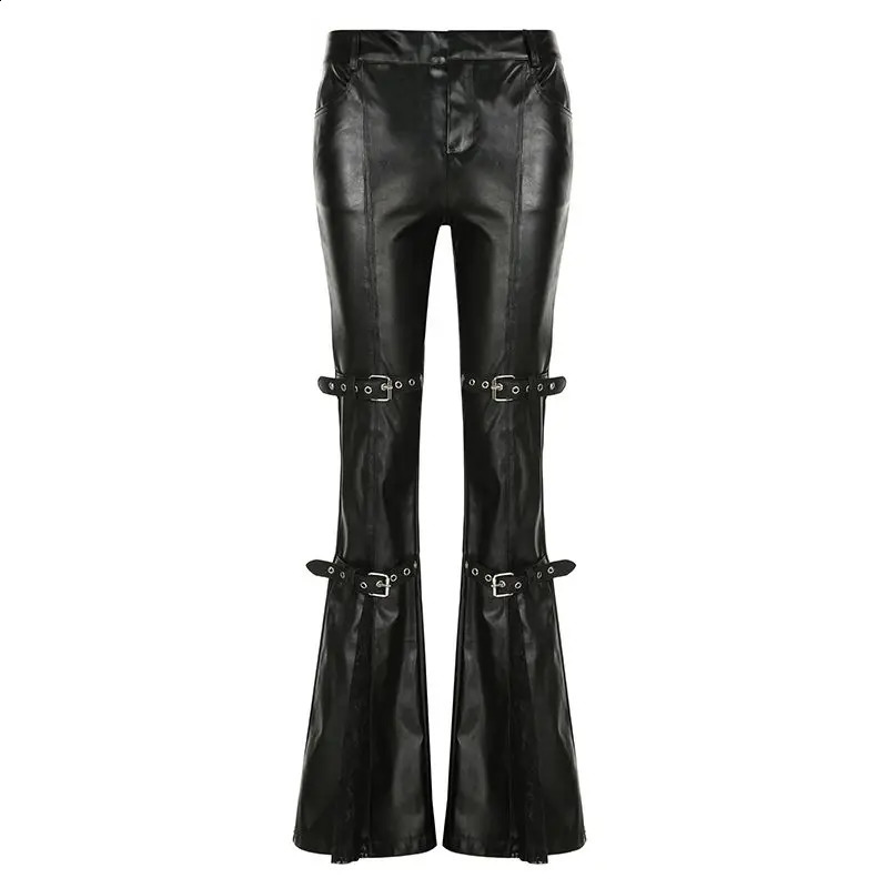 PU Leather Flare Pant Goth Buckle Lace Patchwork Pants Women Fashion Y2K Streetwear Vintage Aesthetics Casual Trouesrs 240821