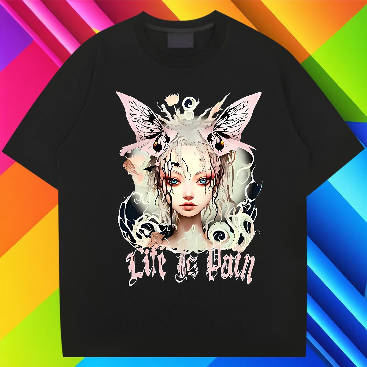 Designer Butterfly Girl T shirt Street Mens Tshirts 230g 100% Cotton Casual New O-Neck Short Sleeve Black Oversized Tops Shirt