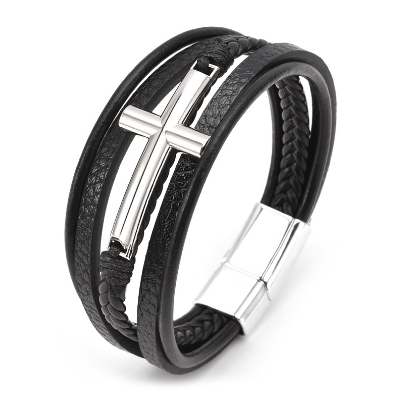 New Cross Leather Bracelet Men's Multi layer Leather Rope Weaving Bracelet Men's Alloy Bracelet