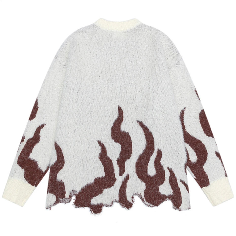 Street fashion hiphop mens sportswear flame pattern irregular hem black loose knit skydiving pulley Harajuku 240821