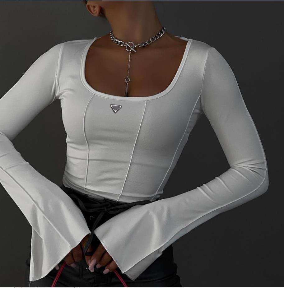 Designer Women's T Shirt Summer Women's Tees Shoulder padded woman casual long sleeved tshirt solid color slim fit pullover t-shirt women street wear bottom shirt top