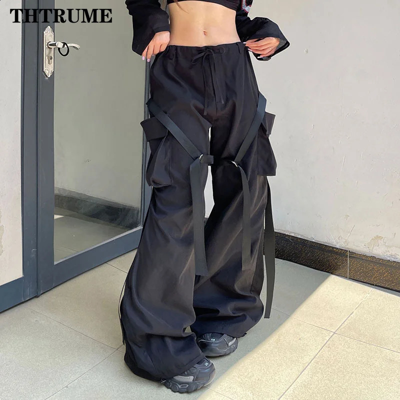 Women Fashion Oversized Pants High Street Vintage Y2K Pocket Elastic Waist Wide Leg Pant Casual Straight Cargo Baggy Trousers 240821