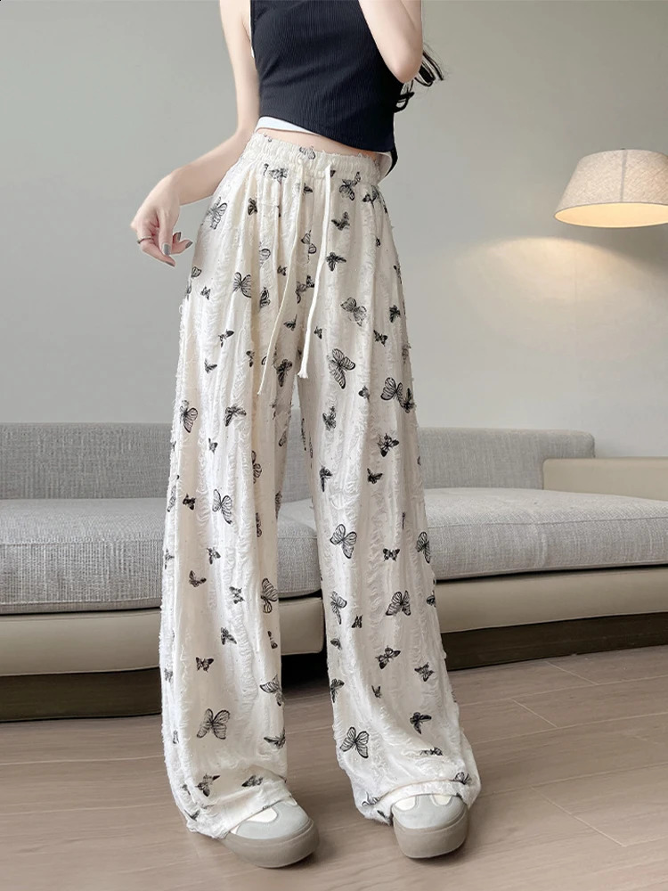 HOUZHOU Y2K Harajuku Butterfly Wide Leg Pants for Women Hole Streetwear High Waist Straight Trousers Female Rhinestone Summer 240821