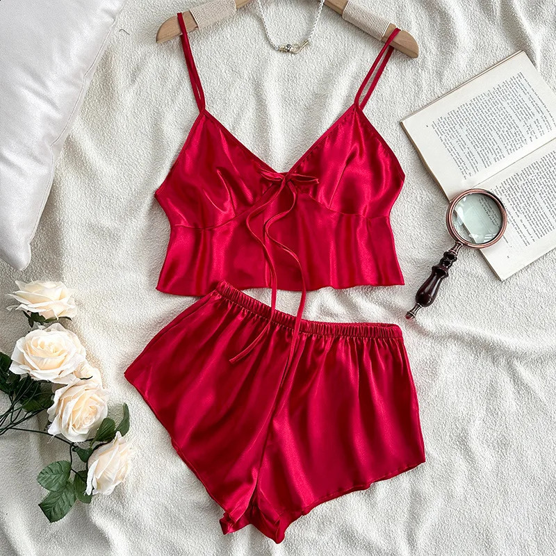 Red Ice Silk Pijamas Sexy Lingerie Lady Summer Night Wear Mini Strap Top shorts Solid Color Home Clothing 2Pcs Pyjamas Suit 240822