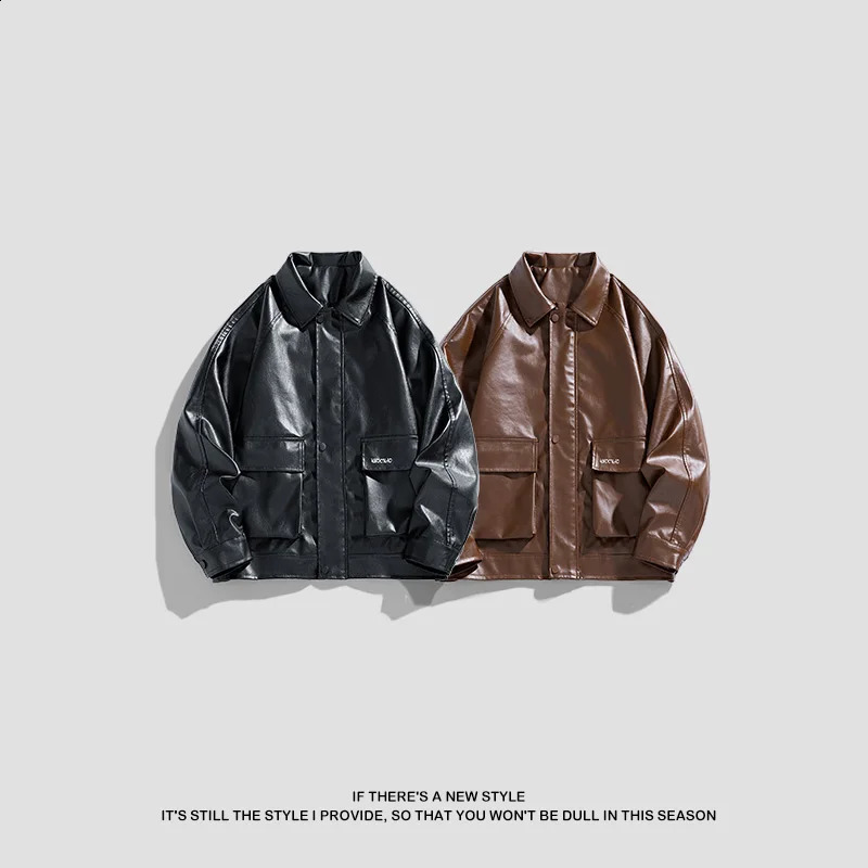 Spring Autumn Leather Men Loose Large Size American Retro Plankton Handsome Motorcycle Leather Jacket with Lapel Coat 240822