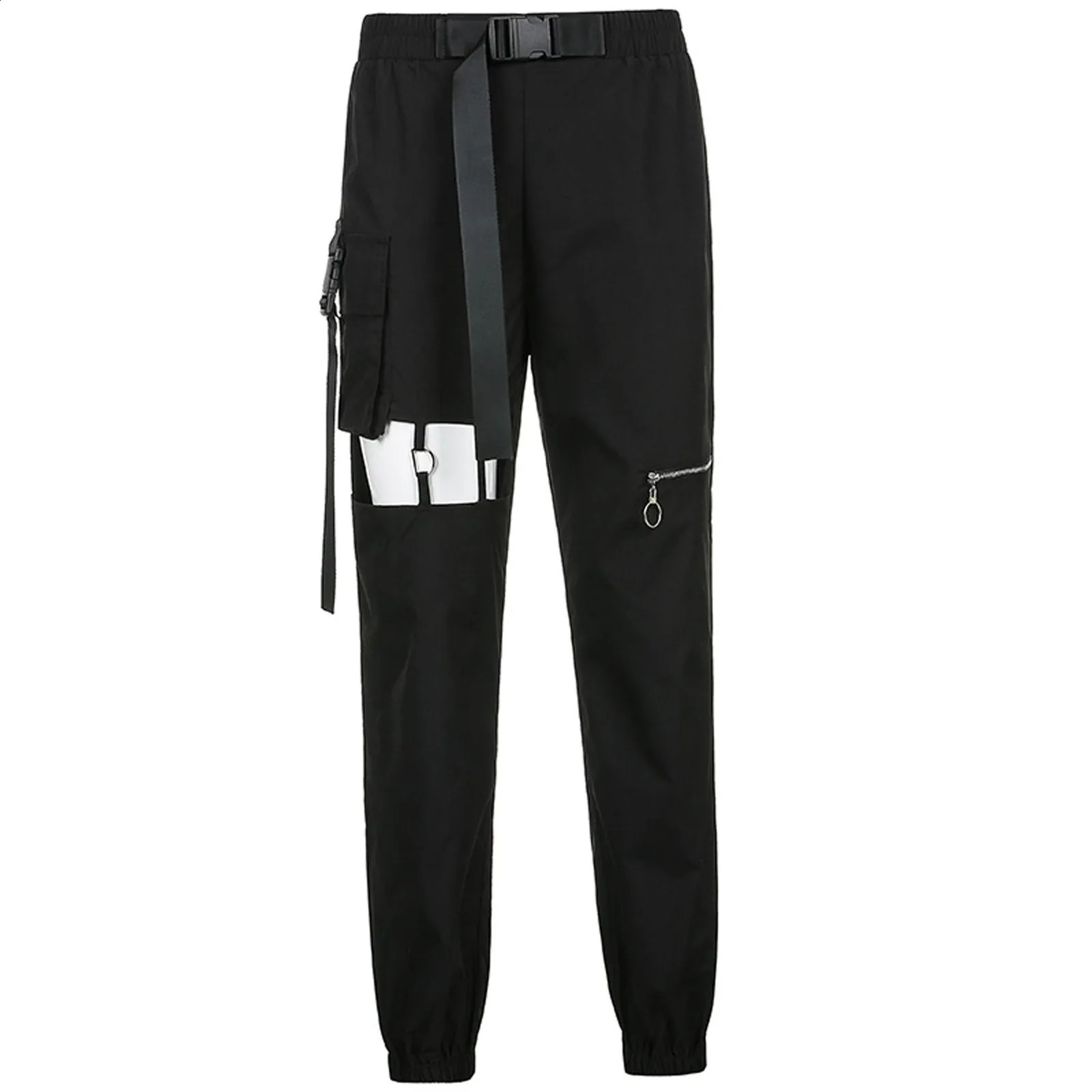 Sweatpants Women Autumn Cargo Pants Hollow Punk Workwear Belt Buckle High Waist Zipper Pants Y2k Street Retro Loose Pants 240821