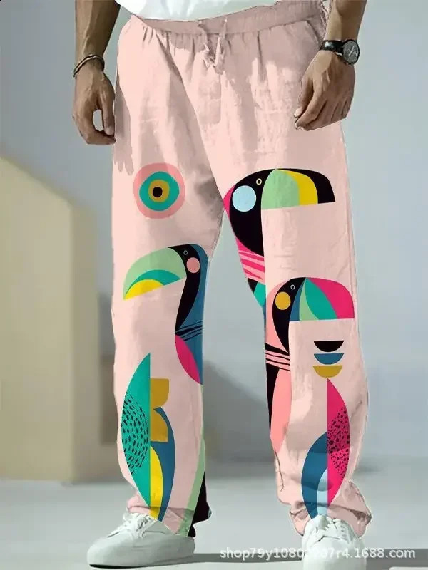 Mens casual pants Japanese style pattern printing casual handsome mens straight pants loose fashion bamboo linen trousers 240822