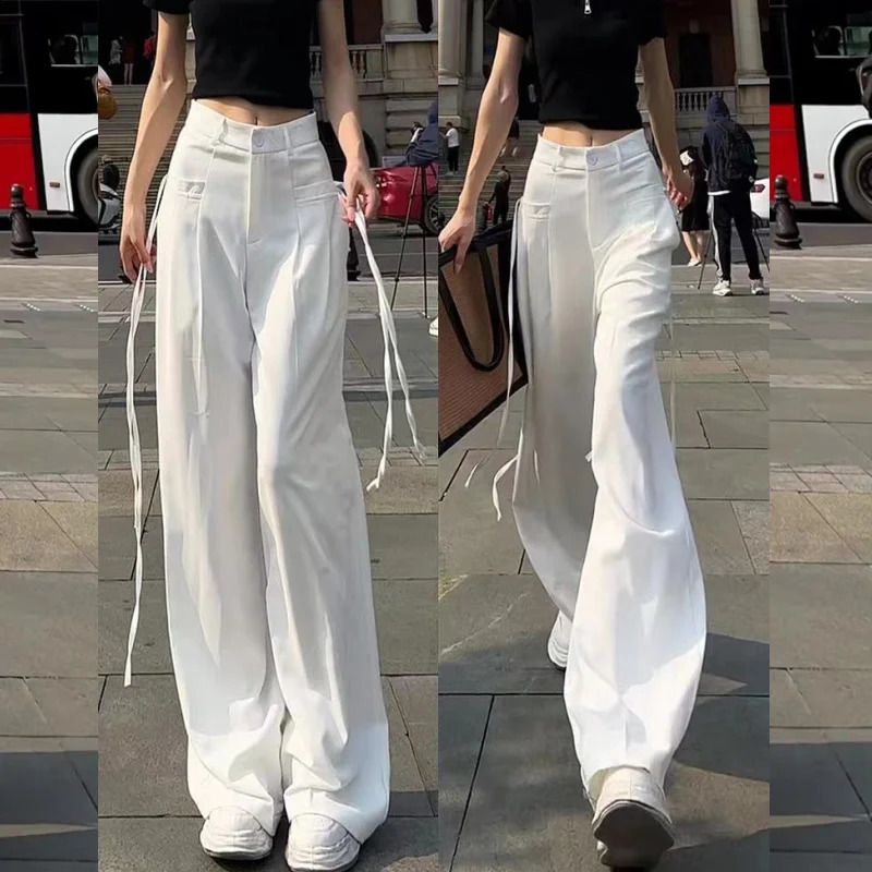 Women Korean Ribbon Casual Streetwear Harajuku Y2K Wide Leg Suit Pants Female Solid Straight Trousers High Waist Pantalones 240821