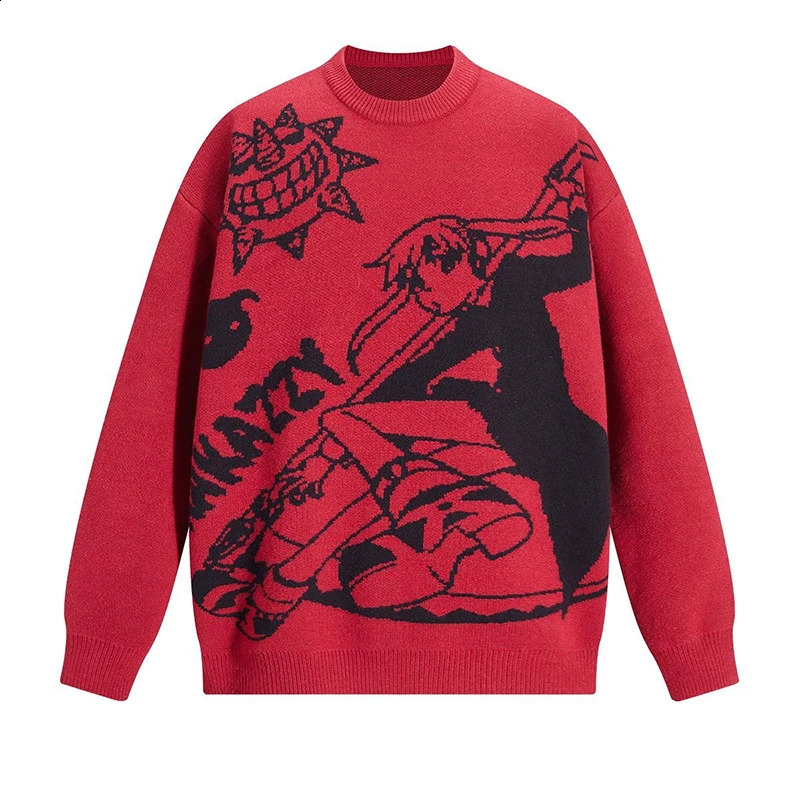 Y2K Harajuku Retro Cartoon Anime Knitted Sweater Mens Winter Super Large Rock Hip Hop Rap Jumping Womens Top 240821