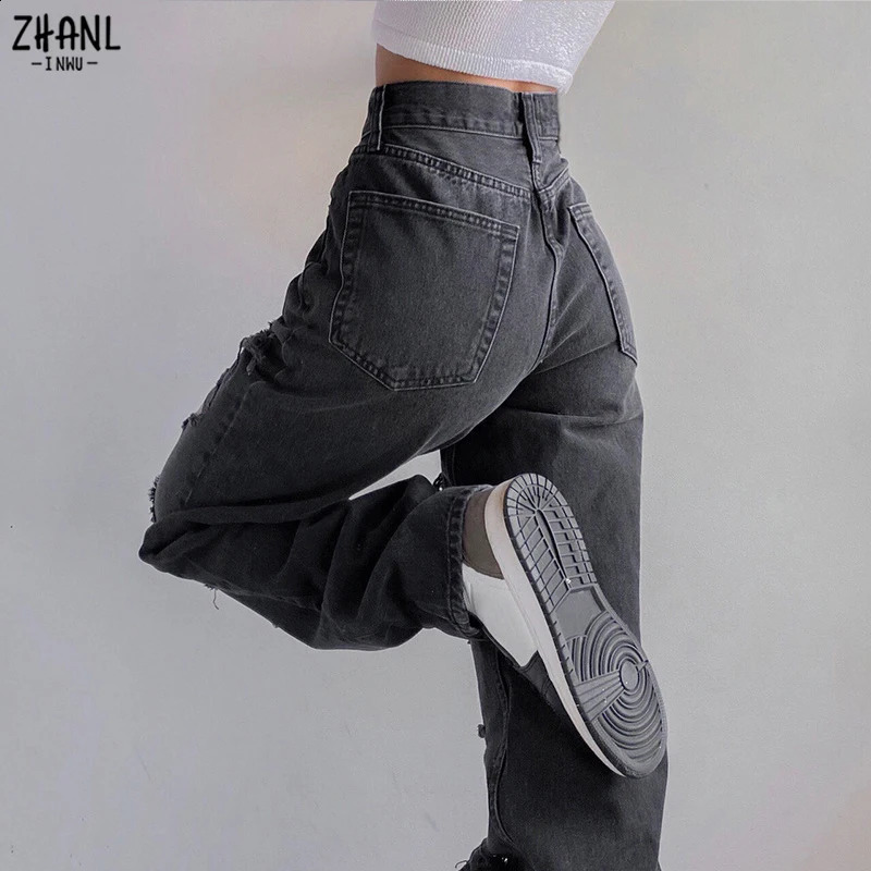 Brown Ripped Vintage Womans Distressed Jeans Streetwear Hole Hip Hop High Waist Pants Fashion Straight Denim Trousers Ladies 240821