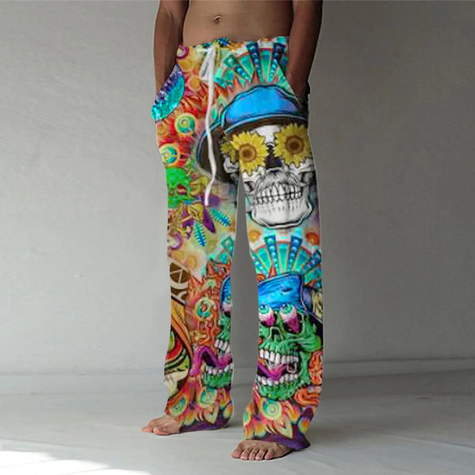Large Size Pants For Men Fashion Casual Vintage Printed Linen Pocket Lace Up Trousers Summer Breeches Oversize Sweatpants 240822