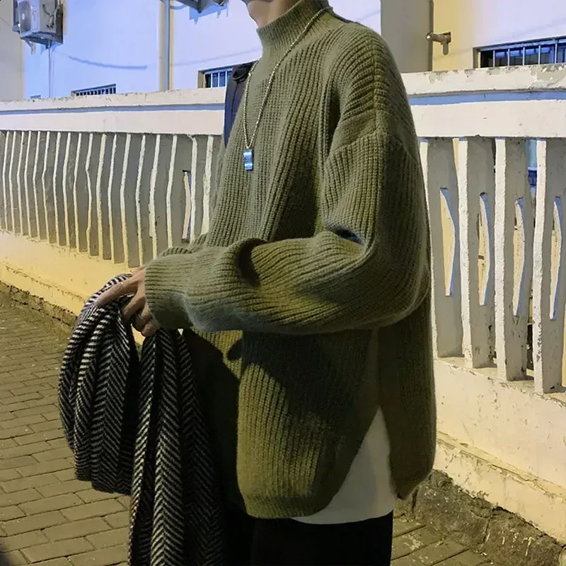 Man Clothes Turtleneck Knitted Sweaters for Men Half Collar Pullovers Black Solid Color Plain Selling Products X A Old 240821