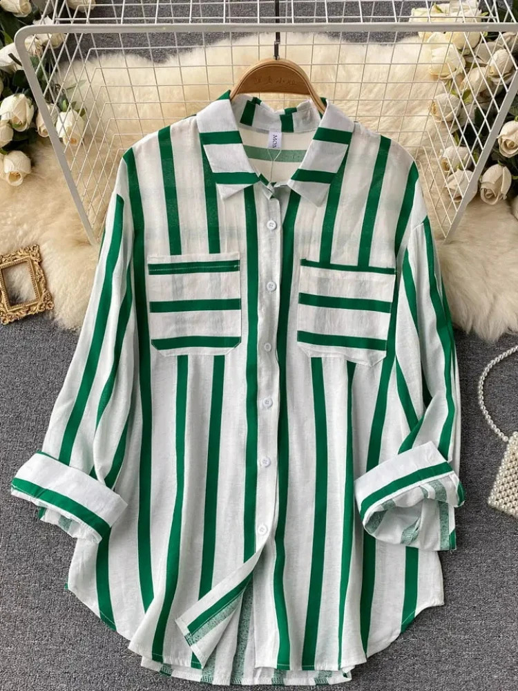 Fashion Woman Blouse 2023 Medium Length Vertical Stripe Shirt Jacket for Womens Korean Casual Loose Fitting Elegant Top 240821
