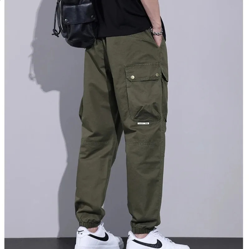 Mens preparatory style pocket casual solid workwear sporty Haaland lantern tie Trouser elastic high waisted spring and autumn pants 240821