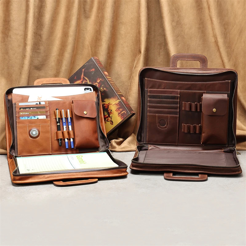 High Quality Vintage A4 Brown Crazy Horse Genuine Leather Executive Office Women Men Briefcase Handbag Portfolio Bag M2215 240821