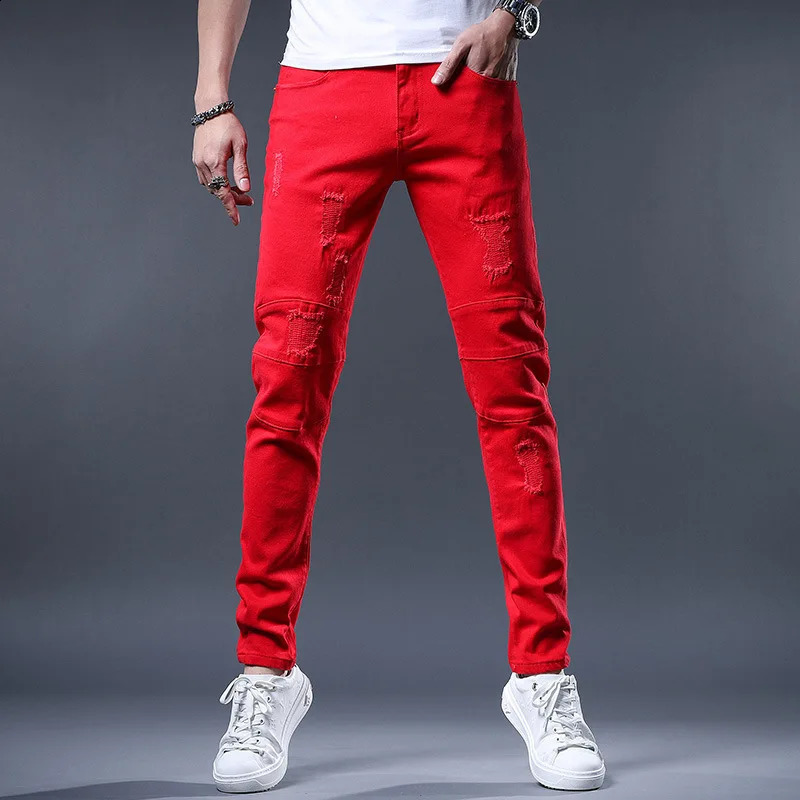 Yellow Red White Jeans Men Fashion Slim Fit Straight Pants Summer Streetwear Ripped Patch Denim Trousers 240821