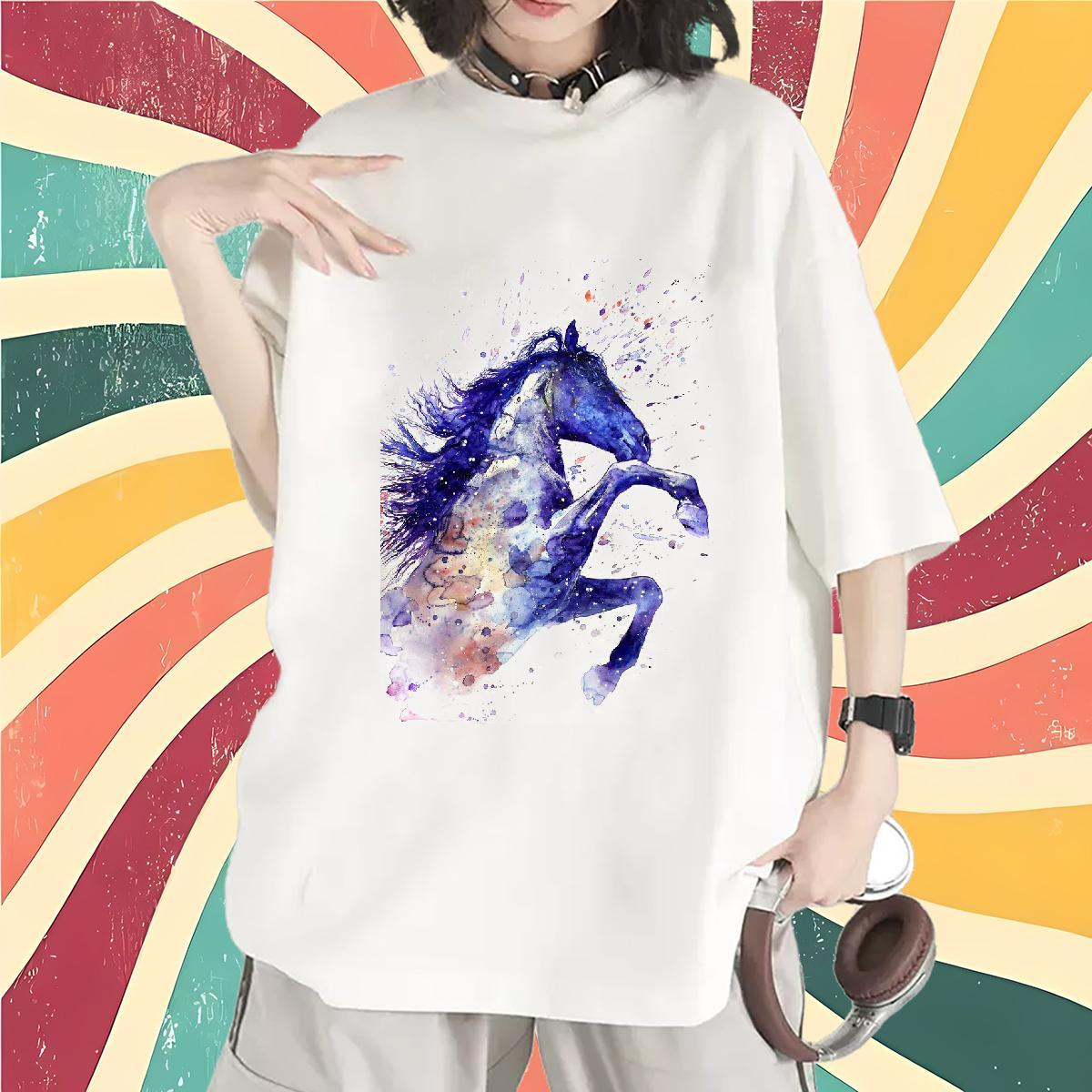 Custom T-Shirts Breathable Crew Neck 230g Pure Cotton Woman Tshirt Custom Cartoon horse Street Wear Popular Clothes Shirt