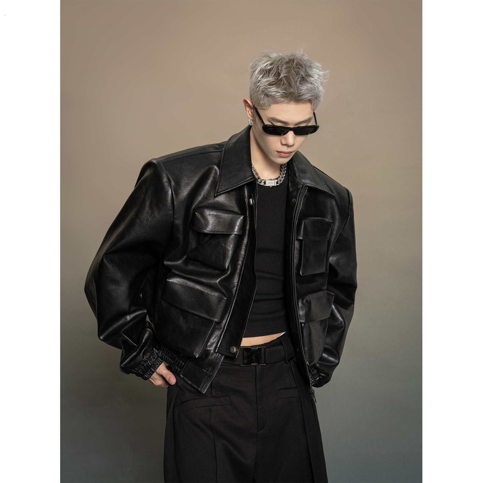 Korean Style Silhouette Design Leather Jacket for Mens Spring and Autumn New Loose Casual Versatile Jacket Top