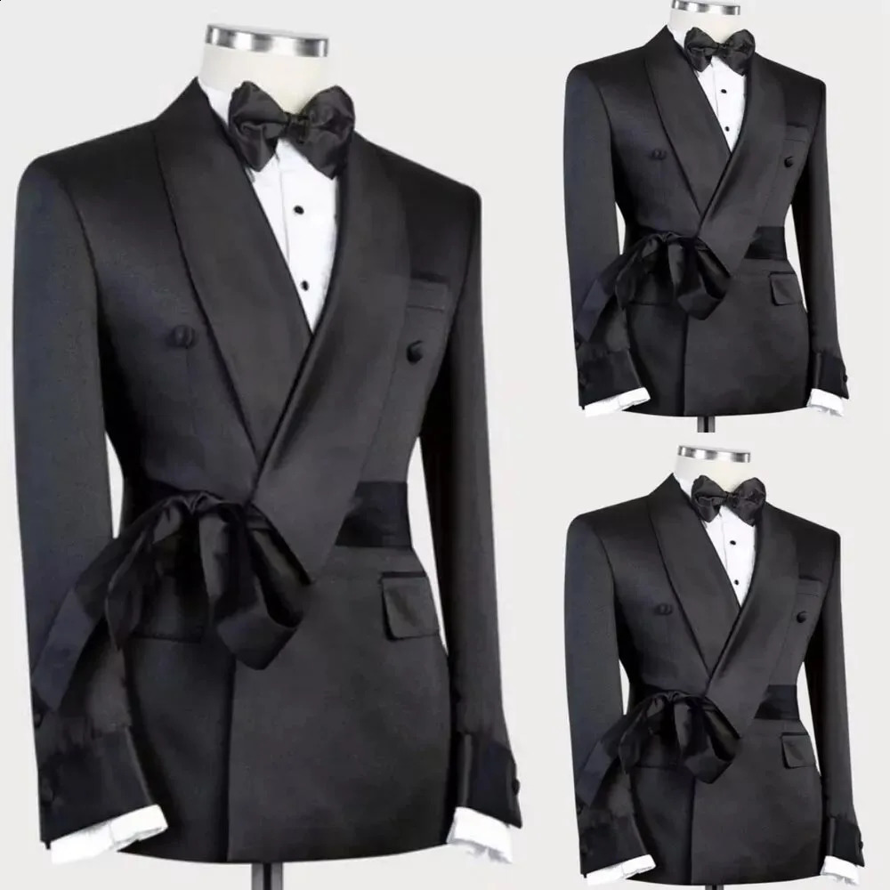 Black Men Suits Shawl Lapel Double Breasted Male Clothing Elegant Prom Party Full Set Bespoke 2 Piece Jacket Pants Sets Blazer 240821