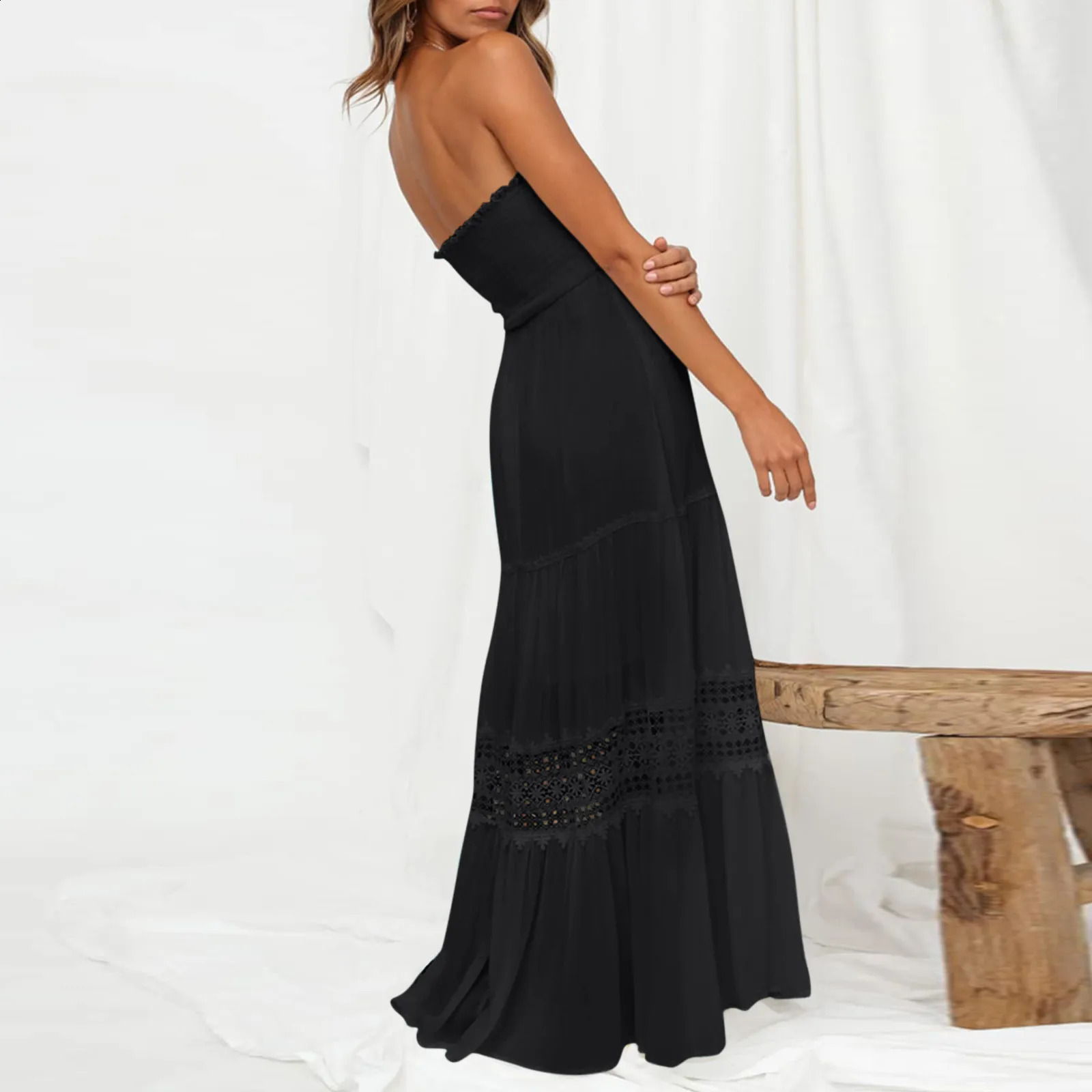 Womens Boho Wrap Dresses Ladies Summer Bohemian Strapless Off Shoulder Lace Trim Backless Flowy A Line Beach Long Maxi Dress 240822