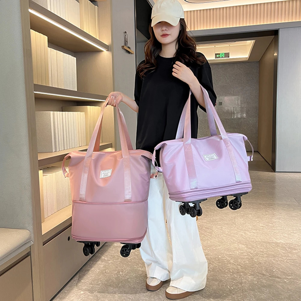 Foldable luggage bag with wheels lightweight large capacity Oxford cloth dry wet separation outdoor weekend bag 240821