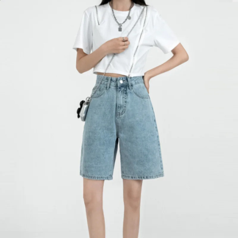 Retro Denim Shorts for Women Summer High Waist Five-point Pants Loose Straight A-line Half Pants Korean Style Clothing 240821