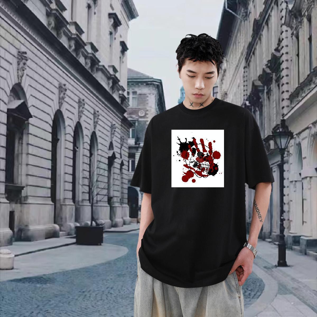 DIY Street wear Hip Hop Couples T Shirts skull Round Neck Short Sleeve 230g Pure Cotton Mens T Shirts Brand Plus Size Cartoon Tee Shirt