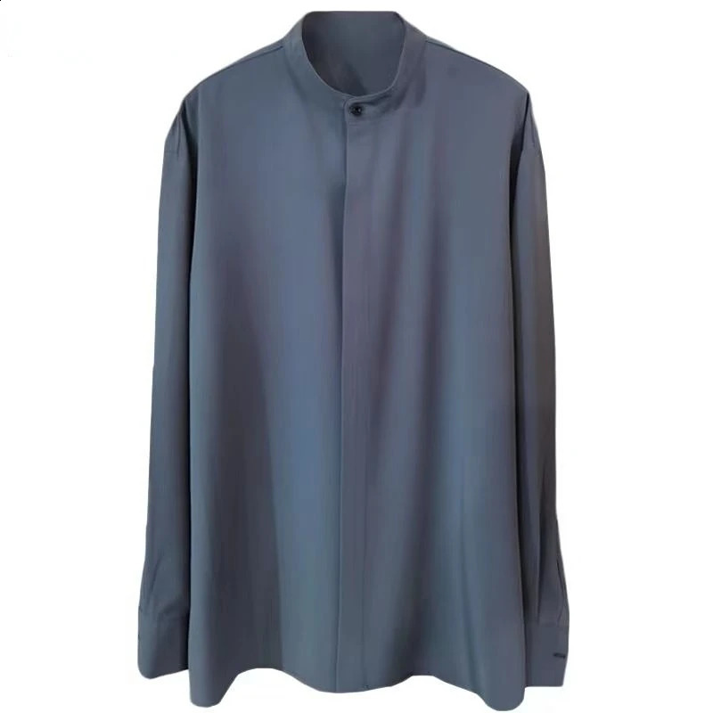 High Quality Korean Fashion Stand Collar Shirt Men Long Sleeve Solid Color Business Casual Loose Simple Shirts for Men 240822