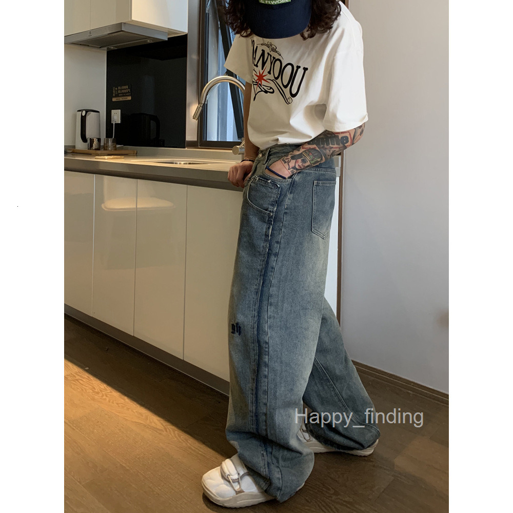 Fashionable Double Waisted Pants with Large Pant Legs Loose Jeans for Men in Summer New Embroidered Casual Versatile Denim Pants Trendy