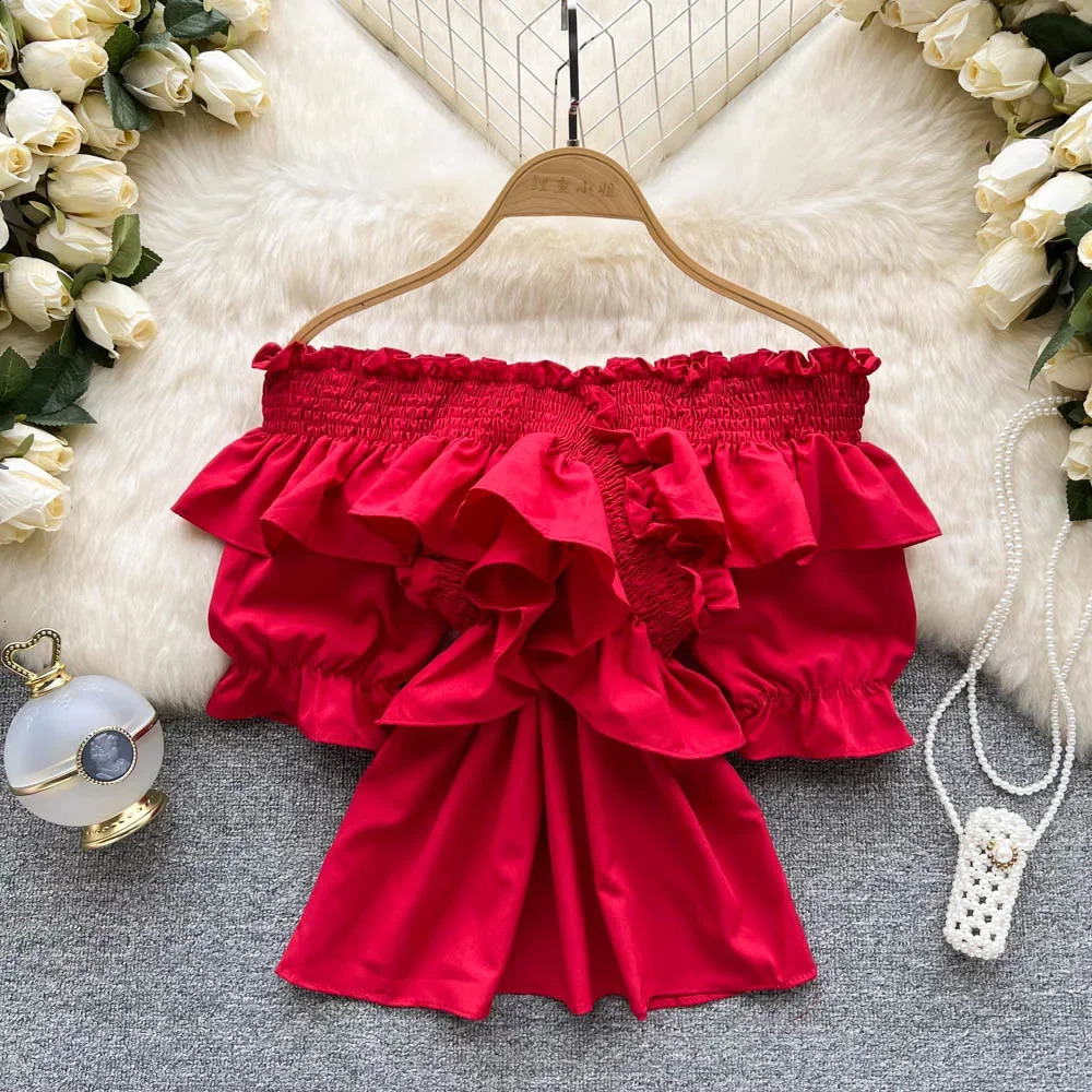 Elegant Blouses for Women Korean Style Blouse Short Sleeve Off Shoulder Shirt Woman Sweet Y2k Crop Top Femme Blusas Drop 240821
