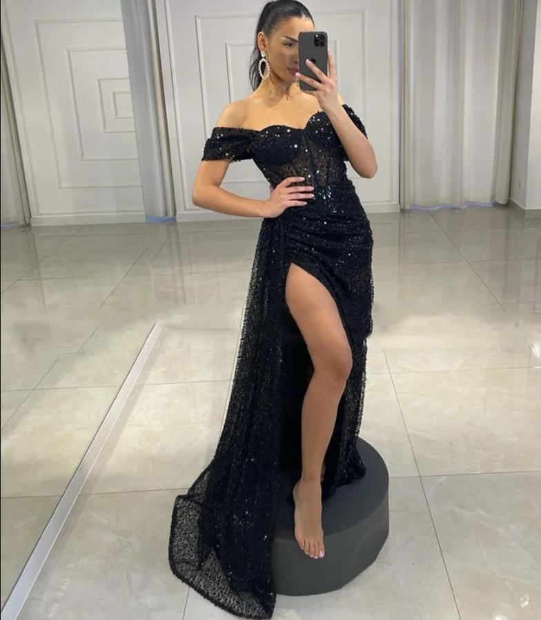 Sequins Black Sexy Mermaid Prom Dresses Off Shoulder Sweetheart Evening Dress High Split Saudi Arabia Tail Party Vestidos De Gala 0827
