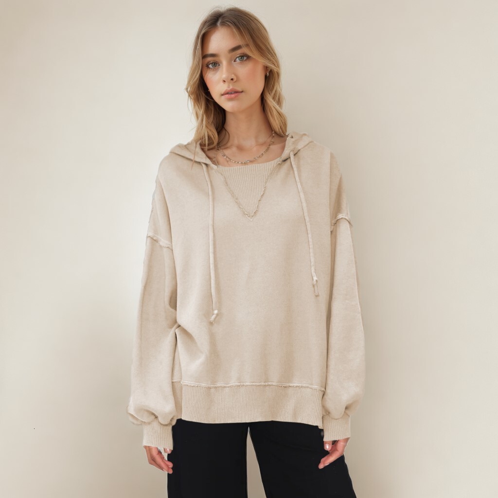 Solid color autumn and winter women's round neck loose slit trendy style hooded sweatshirt versatile dongdumaoyi
