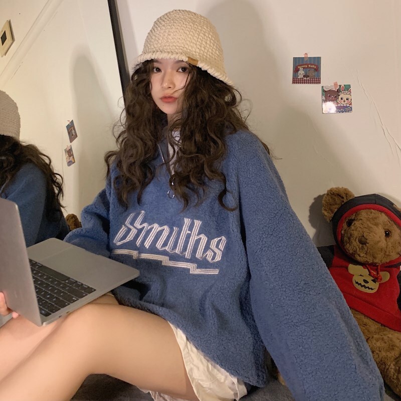 Autumn/Winter New Korean Edition Letter Lamb Plus Fleece Thickened Stand up Collar Zipper Pullover Long Sleeve Hoodie Women's Coat dongdumaoyi