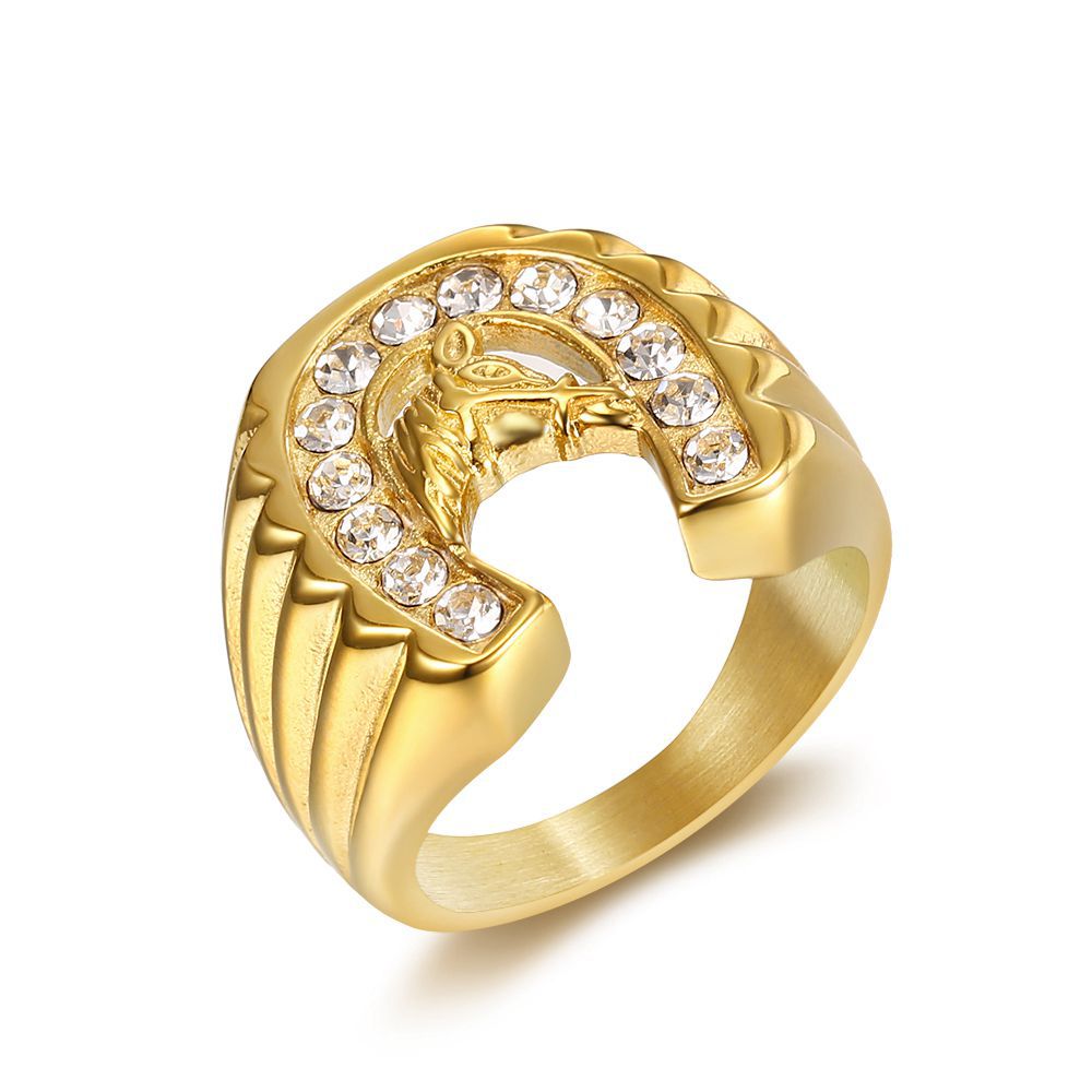 Vintage Hip Hop Casting Horse Head Ring Stainless Steel Gold Plated with Zircon Jewelry