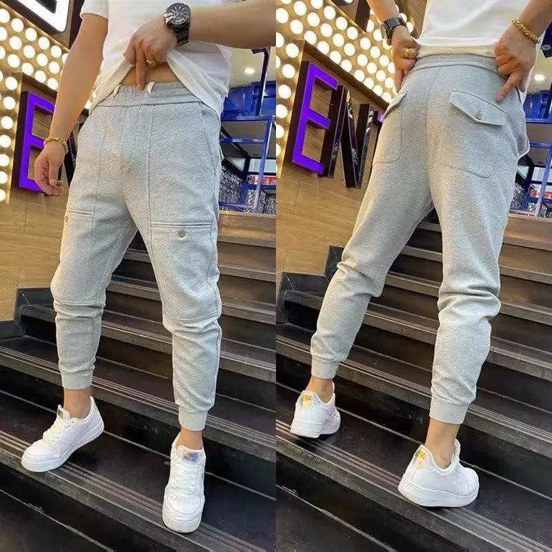 Autumn Trendy Ankle Sports Pants Loose Fit Sweatpants Solid Color Versatile Small Leg Harem Fashionable Casual Mens Clothing 240822