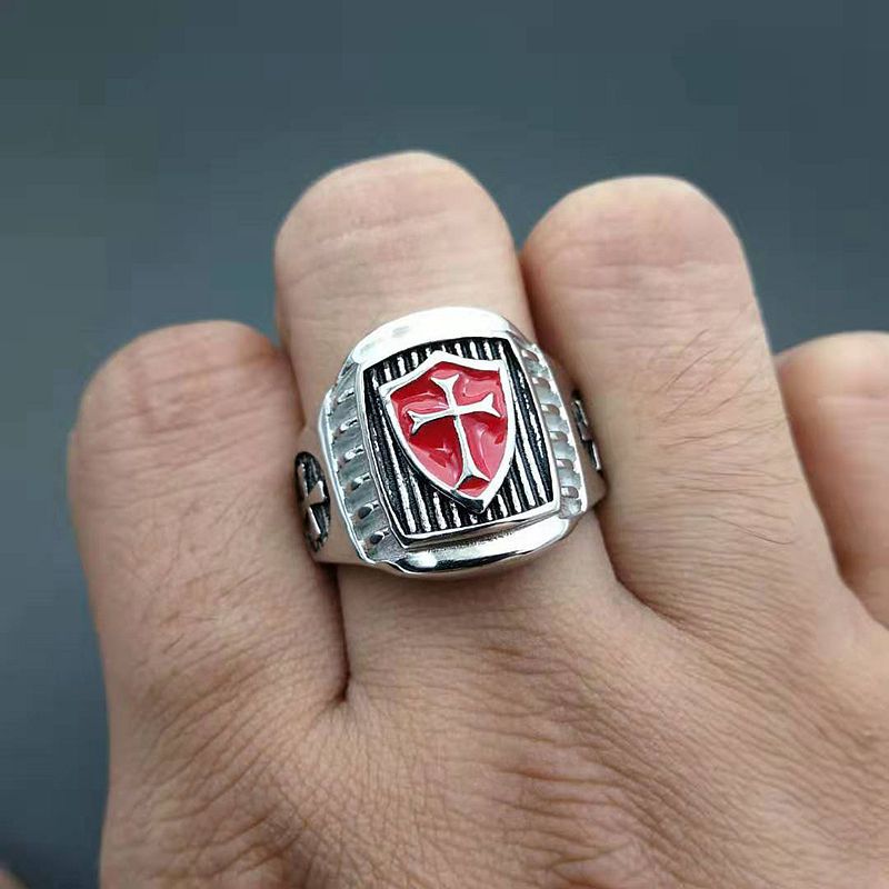 Vintage Shield Cross Casting Ring Titanium Steel Red Oil Drip Mens Jewelry