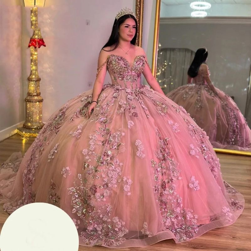 Pink Princess Quinceanera Dresses Ball Gown Off The Shoulder Sequined Appliques Lace Beading Crystal Sweet 16 Vestidos 15 De XV Anos