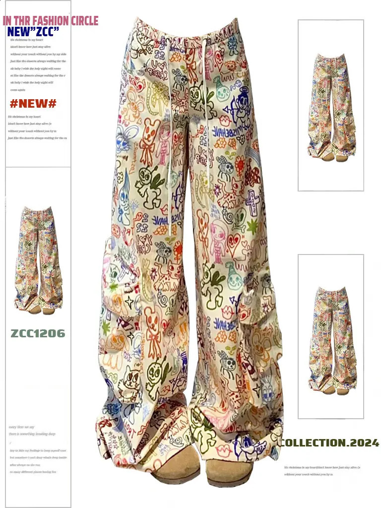 Womens Graphic Print Cargo Pants Y2k 2000s Streetwear Vintage Loose High Waist Trousers Harajuku Wide Pants Aesthetic Clothes 240821