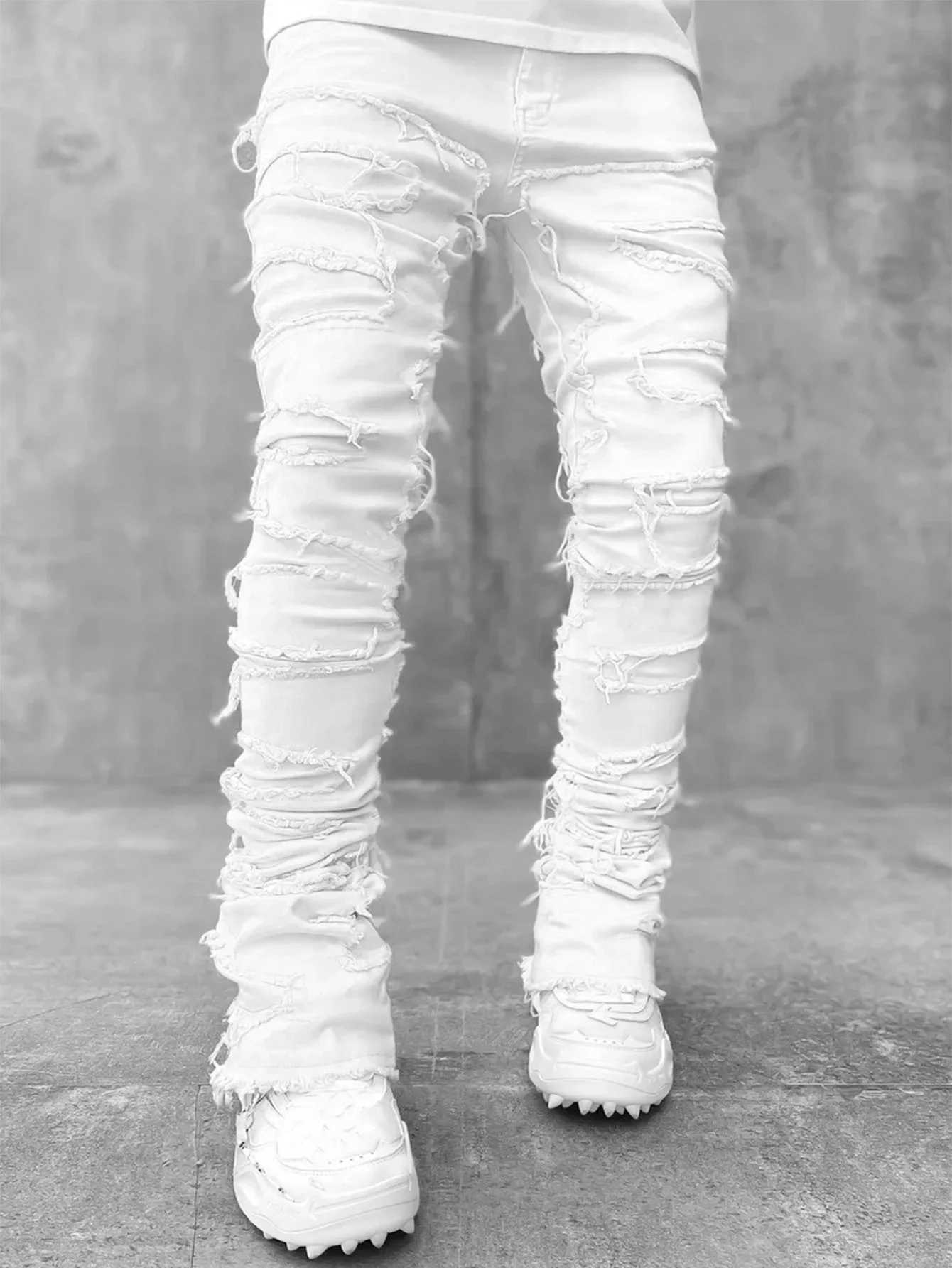 Streetwise Stretch Patch Jeans For Men Bottom Baggy Mens Clothing Summer Solid New Fashion Mid Waist Patchwork Long Pants Men X250220