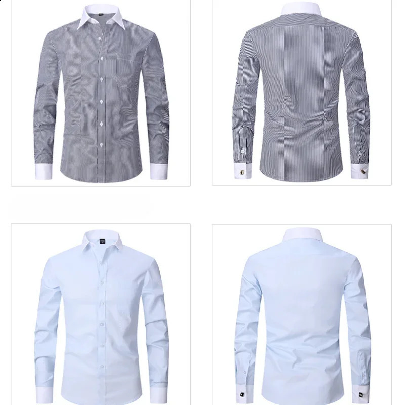 M~6XL Spring Summer Business Mens Long-Sleeved Shirt Fashion Cufflinks Striped White Collar Shirt Striped French Shirt 240822