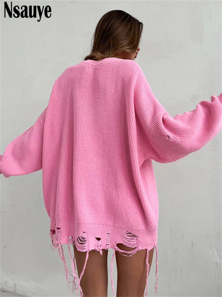 Nsauye casual womens fashion Y2K long sleeved oversized knitted hollow jacket floral sexy club sweater top winter 240821