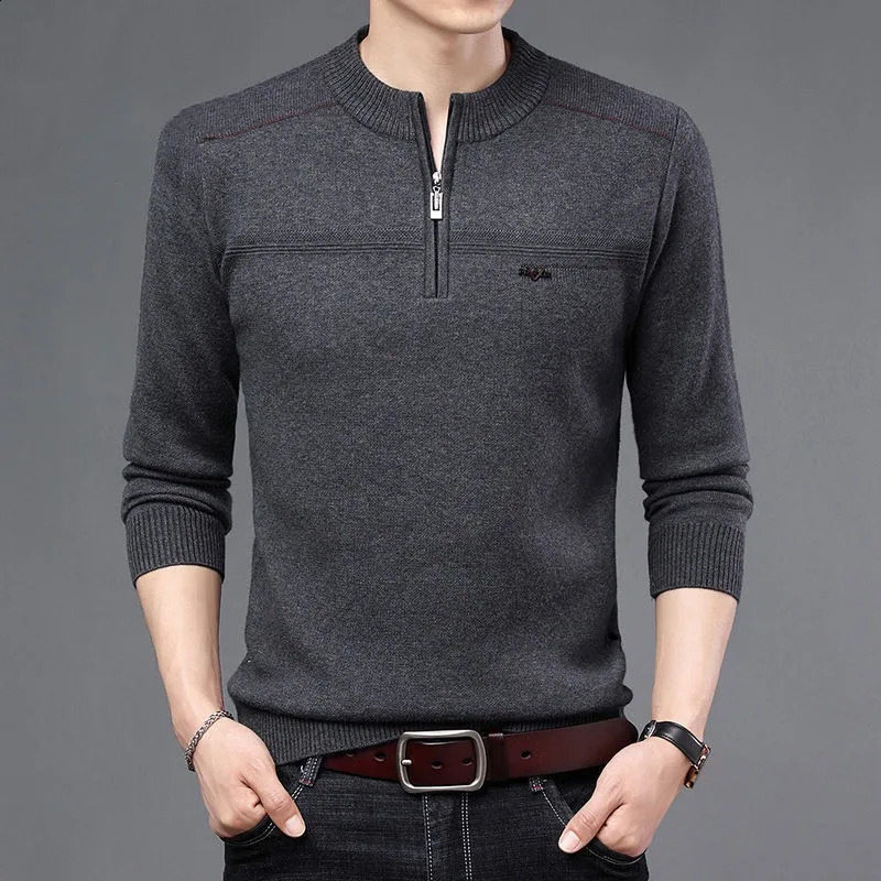 Winter Middle Aged Thick Warm Half Neck Zipper Standing Neck Wool Sweater Print Patchwork Business Casual Fleece Long Sleeve Top 240821