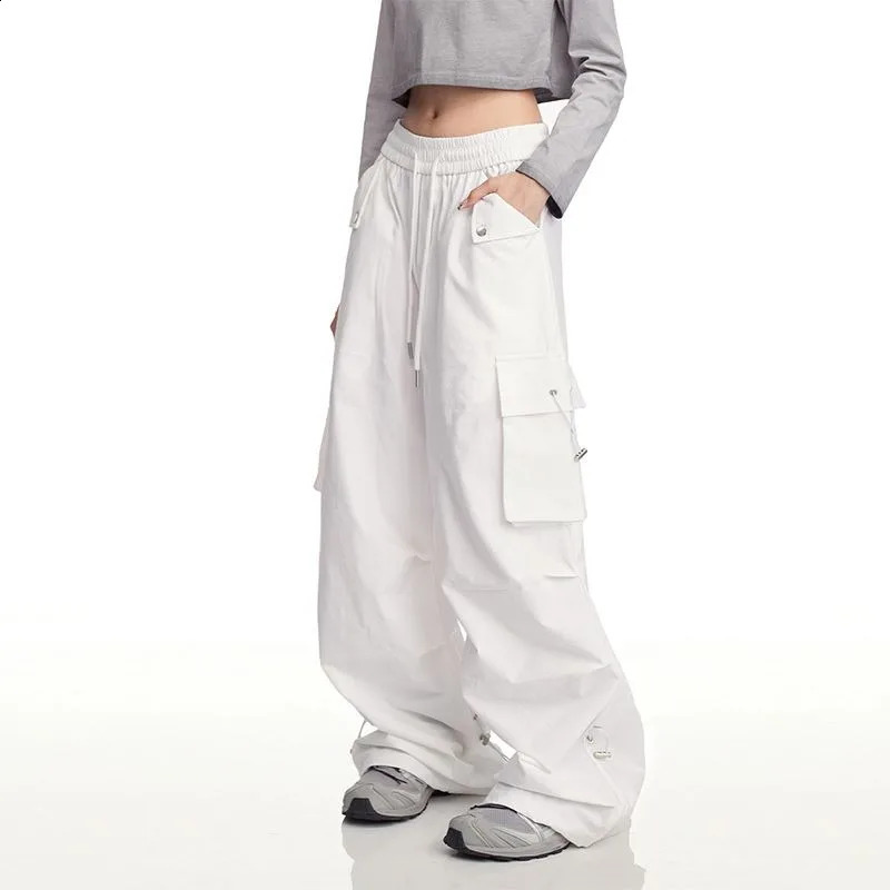 Deeptown Y2K White Women Cargo Pants Korean Fashion Vintage Wide Leg Baggy Trousers Streetwear Casual Oversized Harajuku Kpop 240821