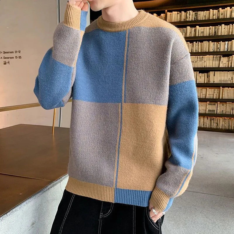 Autumn and Winter Fashion Youth Thickened Round Neck Versatile Contrast Color Long Sleeve Knitted Mens Thread Shirt 240821