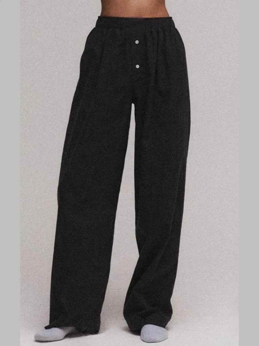 Womens Y2K Retro Vintage Casual Striped/Solid Long Pants Button Elastic High Waist Aesthetic Loose Straight Trousers 240821