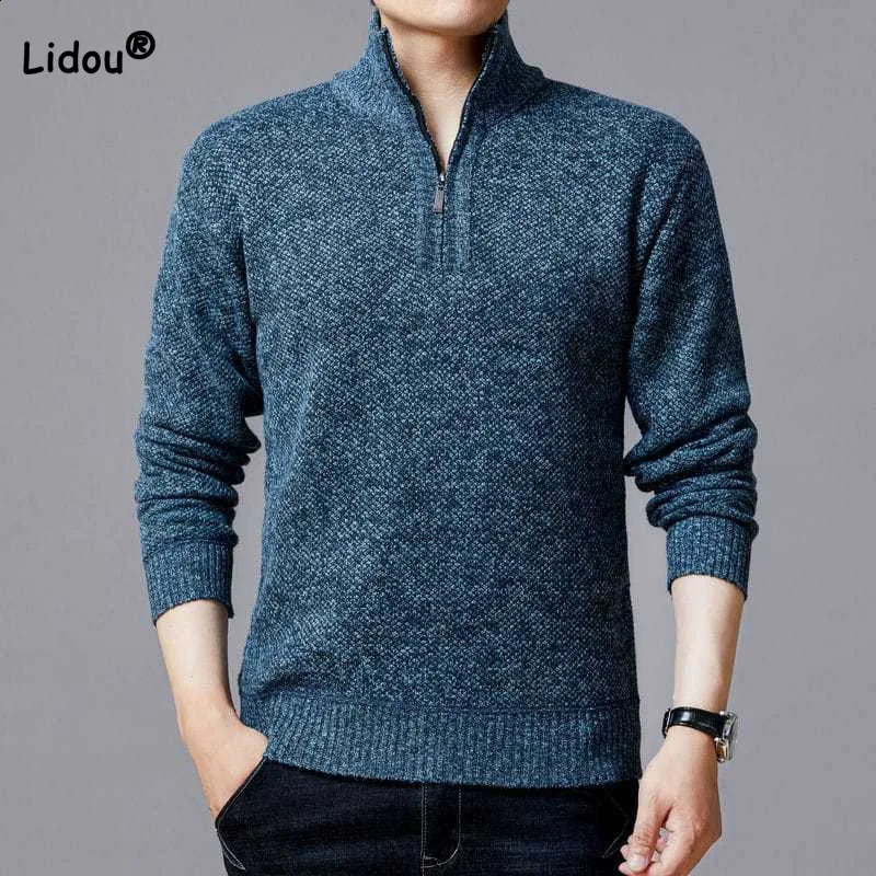 Simple mens autumn thick solid color sweater warm and casual stand up collar knitted floral fashion clothing 240821